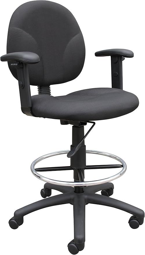 Boss Office Products B1691-BK Stand Up Fabric Drafting Stool with Adjustable Arms in Black