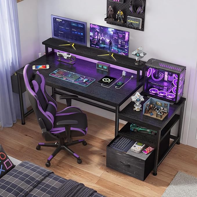 EnHomee 57" Black Computer Desk with File Drawers and Printer Space,Office Desk with Power Outlets and Monitor Stand,Gaming Desk,Study Desk, Writing Desk, Bedroom Desk