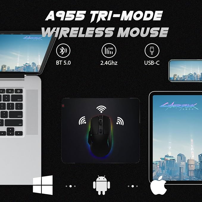 DAREU A955 Lightweight Wireless Gaming Mouse with RGB Charging Dock: Tri-Mode 2.4G/USB-C/BT Mouse Up to 12K DPI Optical Sensor -KBS II Buttons Fully Programmable- 120 Hr Battery