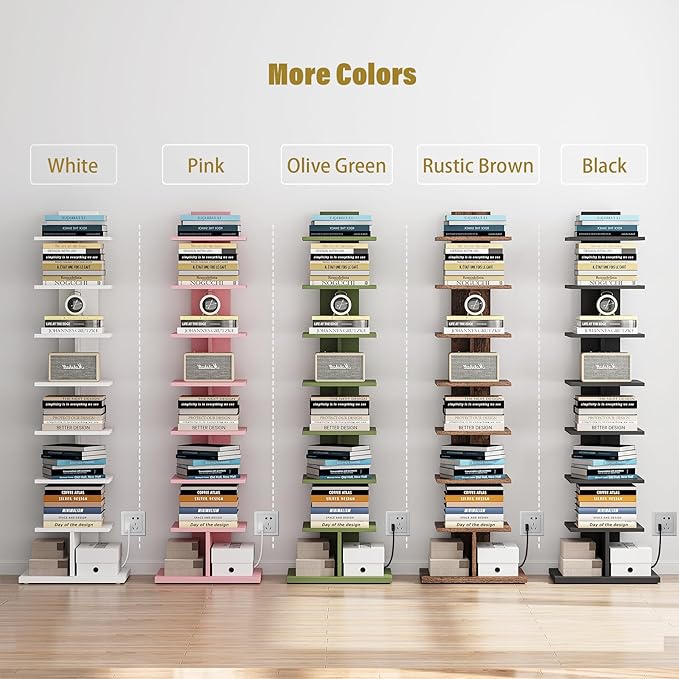 TUTOTAK Narrow Bookshelf, 8-Tier Bookcase with LED Lights, Spine Book Shelf for Small Space, Corner Standing Shelf for Living Room, Office, Study, Entryway, Rustic Brown BS06BB008L