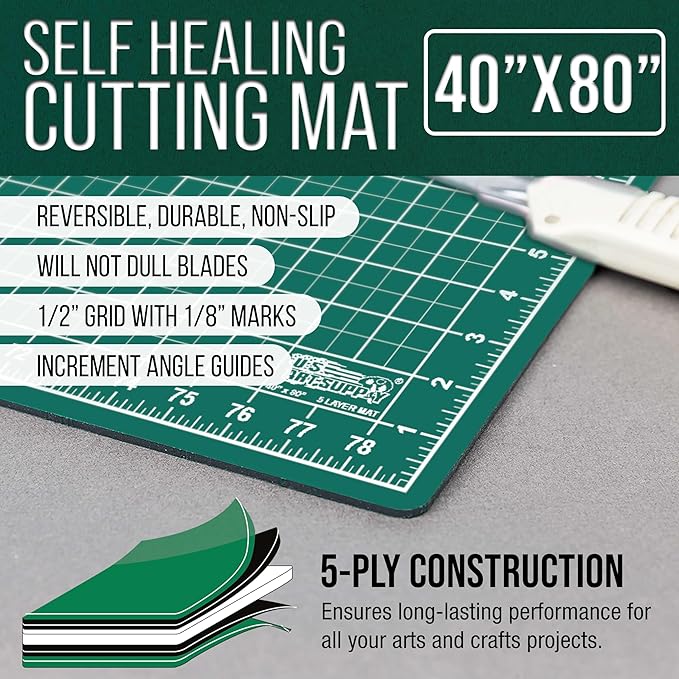 U.S. Art Supply 40" x 80" Self-Healing Cutting Mat 5-Ply - Double-Sided Green/Black Craft Mat, Non-Slip Cutting Mats for Crafts, Sewing, Quilting, Scrapbooking