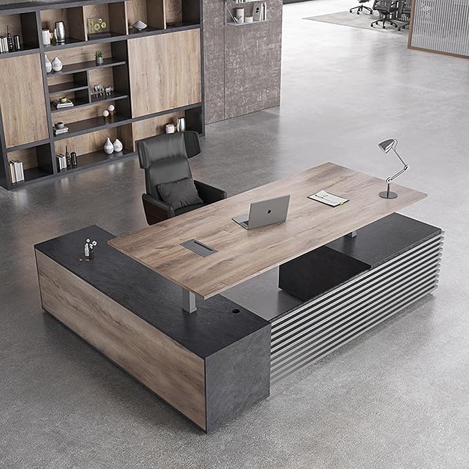 SAINTCY 86.61In L Shaped Executive Standing Desk with Drawers, Large Modern Adjustable Heigh Home Office Desk w/Universal Charging Ports, Business Workstation, Black and Warm Oak