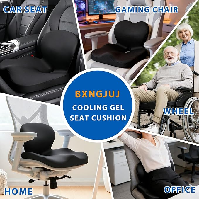 Seat Cushion with Back Support,Lumbar Support Pillow for Office Chair, Cooling Gel & Memory Foam Car Seat Cushion,Ergonomic Sciatica Pain Relief for Long Sitting,Gel Cushion for Car,Desk,Chairs
