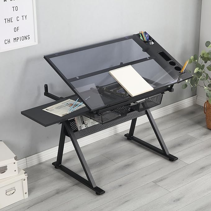 Drafting Table with Stool, Height Adjustable Drafting Desk Tempered Glass Artist Drawing Table Tilted Tabletop, Art Craft Artists Desk Work Station w/2 Storage Drawers for Home Office (Black)