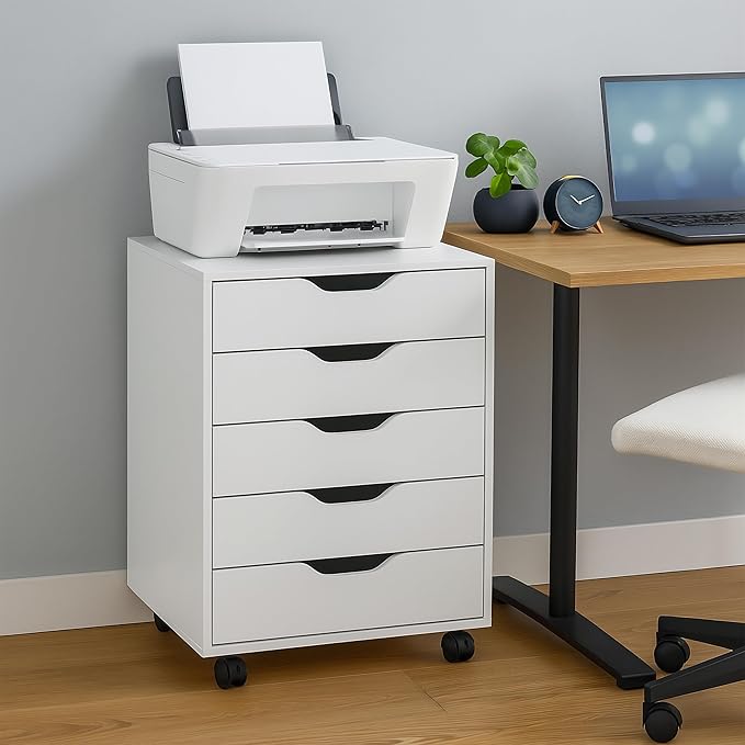 Relaxdays 5 Drawer Roll-Up Cabinet H 66.5 x W 48 x D 39.5 cm Office Cabinet Filing Cabinet with Wheels Office White