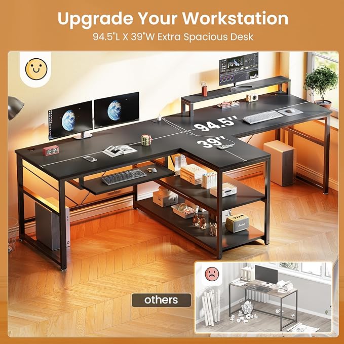 SEDETA 94.5" Office Computer Desk, 2 Person Gaming Desk with Storage, LED Lights, Keyboard Tray, Power Strip with USB & Monitor Stand, Long Two Person Desk for Home Office, Black