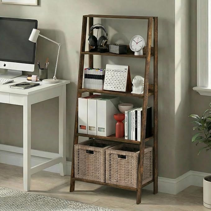 Furinno Ladder Book Shelf, 5-Tier Ladder Shelf, Open Frame Design Bookshelf, Standing Display Storage Shelves, 13 x 23.6 x 53.5, for Living Room, Home Office, Amber Pine