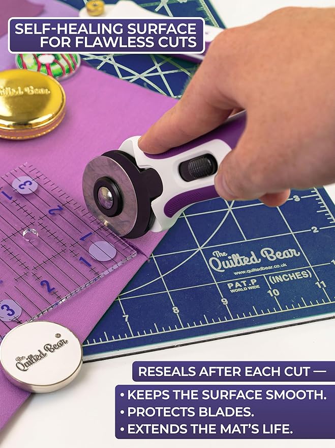 The Quilted Bear Rotating Cutting Mat 7" x 7" - Locking & Rotating Self Healing Cutting Board for Sewing, Fabric & Effortless Quilting - 360 Degree Sewing Supplies Mat for Craft Table (Blue)