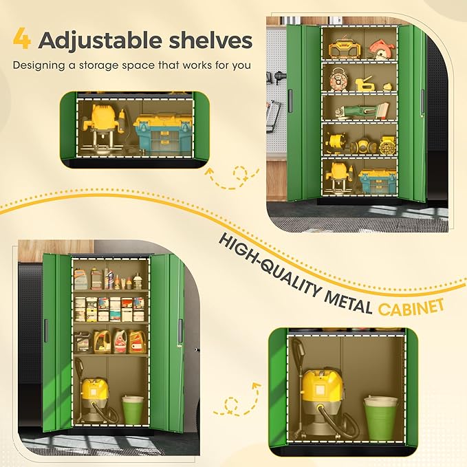 Greenvelly Metal Storage Cabinet, Steel Garage Cabinet with Doors and Adjustable Shelves, Metal Cabinet with Lock,Tall Metal Office Storage Cabinet for Garage,Home Office,School (Black Green)