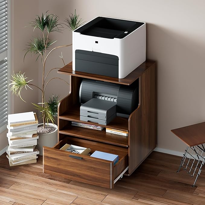 Rolling Printer Stand with Drawer and 3-Tier Storage Shelves, Mobile Wood 3D Printer Cart Under Desk with Wheels, for Home Office Small Spaces Organization, Walnut