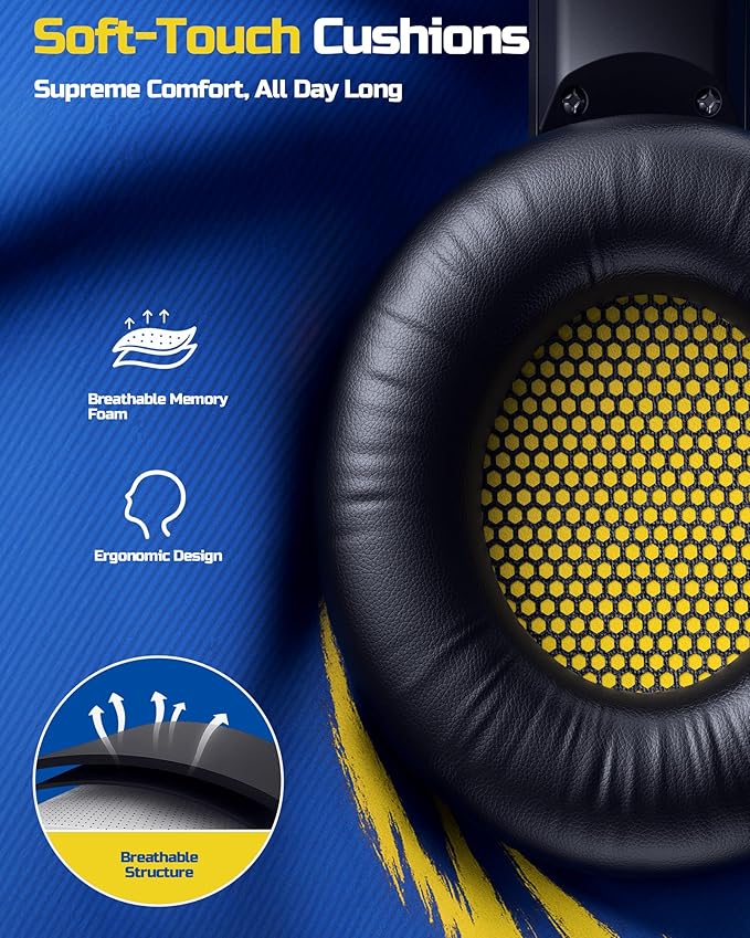 BINNUNE Wireless Gaming Headset — 2.4GHz Low-Latency USB Dongle + Bluetooth, 50mm Drivers 7.1 Surround, Noise-Cancelling Mic, 40H Battery — Over Ear Wireless Headphones for PS5, PC, Laptop, Yellow