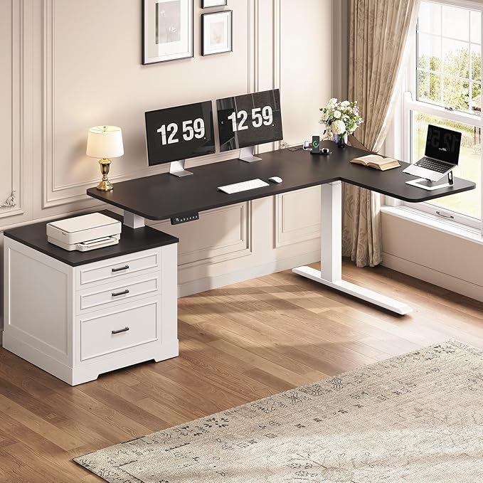 SEDETA Farmhouse L Shaped Electric Standing Desk, 70.9" x 39.4" Height Adjustable Office Executive Desk with 3 Drawers, Standing Computer Desks with Power Outlet for Home Office, White