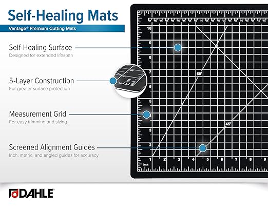 Dahle Vantage 10671 Premium Self-Healing Cutting Mat, 12"x18", 1/2" Grid, 5 Layers for Max Healing, Perfect for Crafts & Sewing, Black