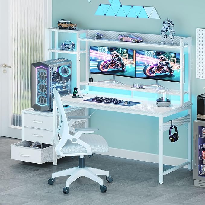 Casaottima 55 Inch Computer Desk with Hutch & 3 Fabric Drawers, White Desk with USB Ports & LED Lights, Reversible Pc Gamer Table with Monitor Stand for Home Office, White