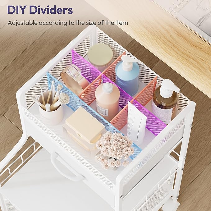 SWTYMIKI Rolling Under Desk Storage - Utility Cart with Drawers & DIY Divider - Art Cart Organizer on Wheels - Craft Storage Drawers Rolling Cart for Office, Craft Room & Studio White