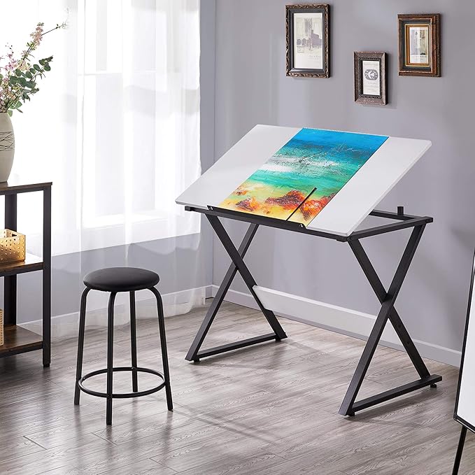Topeakmart Height Adjustable Drawing Table Drafting Table up to 30 Degrees, Art Tilting Tabletop Workstation for Artists, Home Furniture Art Desk for Writing/Studying/Reading, White