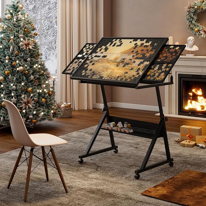 Drafting Table Art Table Adjustable Drawing Table Tilted Tabletop, Craft Table with Storage and Side Trays, Crafting Desk for Painting Diamond Reading Writing Study (Black C)