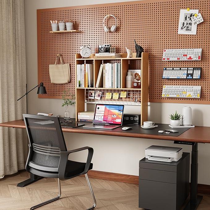 Desktop Bookshelf,Countertop Storage Hutch with 3 Shelves for Computer Desk，2-Tier Display Rack with Grid Panel, Multipurpose Wood Desk Hutch Storage Organizer for Home Office Dorm (Natural)