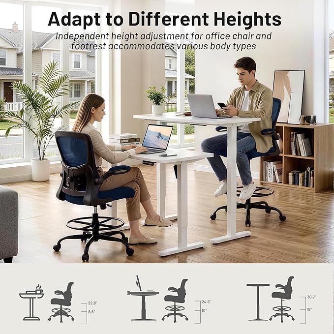 AreShark Drafting Office Chair - Ergonomic Tall Office Chair with Adjustable Footrest Ring - Counter Height Adjustable Rolling Standing Desk Chair with Lumbar Support and Flip-up Armrests for Home
