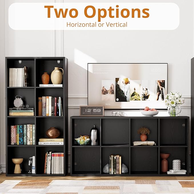 IROCNK Bookshelf, 8-Cube Storage Cube Shelf Organizer, Extra Thick Frame Horizontally & Vertically Reversible Bookcase with Open for Living Room, Bedroom, Home Office, Black