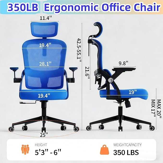 Ergonomic Office Chair - 350LB Comfy Desk Chairs with Adjustable Headrest and Lumbar Back Support, Mesh Computer Chairs with Wheels and Arms for Home Office, Study