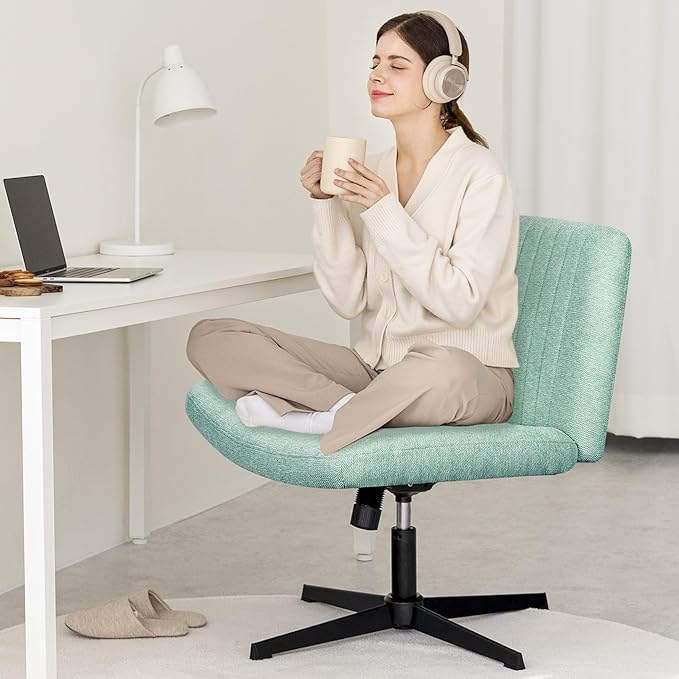 Orange Factory Criss Cross Chair No Wheel Wide Cross Legged Office Desk Vanity Chair Comfy Fabric Armless Adjustable Swivel for Home Computer Task (Mint No Wheel, Classic Fabric)