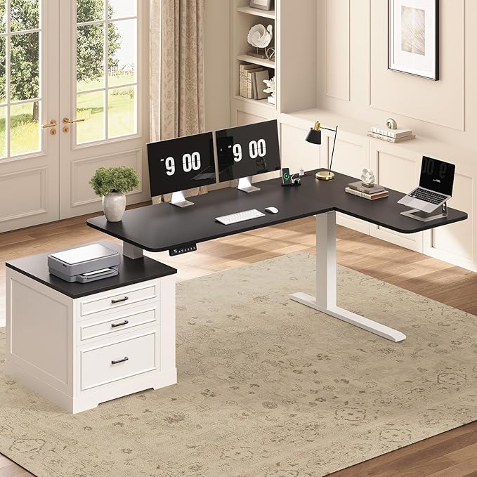 SEDETA Farmhouse L Shaped Electric Standing Desk, 70.9" x 39.4" Height Adjustable Office Executive Desk with 3 Drawers, Standing Computer Desks with Power Outlet for Home Office, White