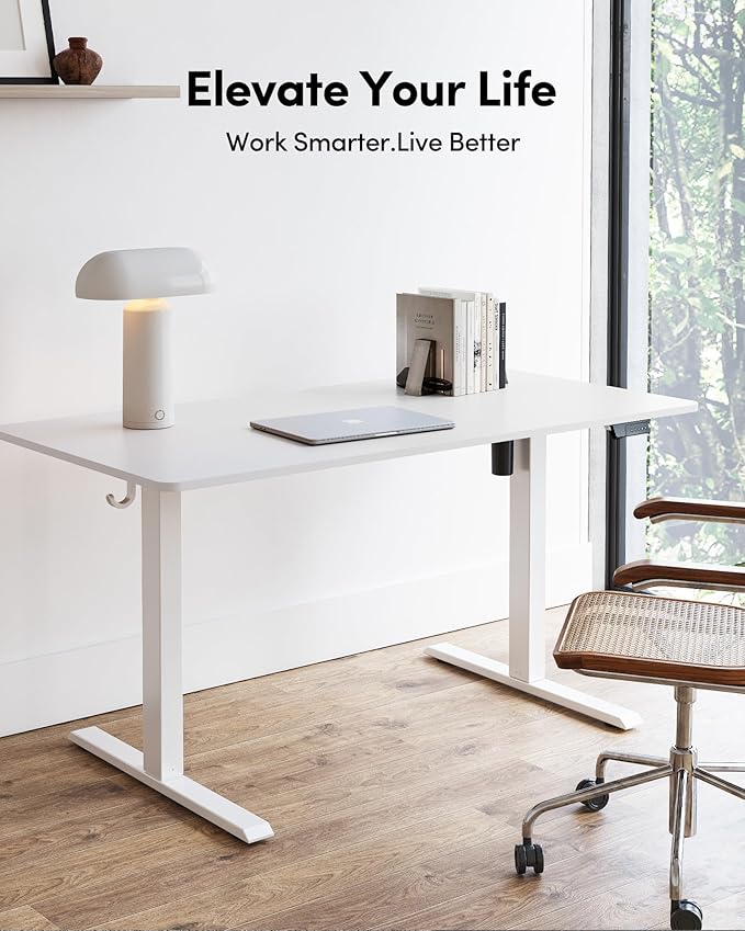 FEZIBO Standing Desk, 63×28 Inches Electric Height Adjustable, Sit Stand Up, Computer Office Desk with Splice Board, While Frame/While TOP