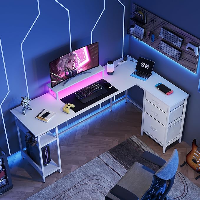 DEVAISE L Shaped Gaming Desk with Drawers and Storage, L Shaped Desk with LED Lights, Power Outlets, PC Desk with Monitor Stand, Corner Desk for Home Office (White,66 Inch)