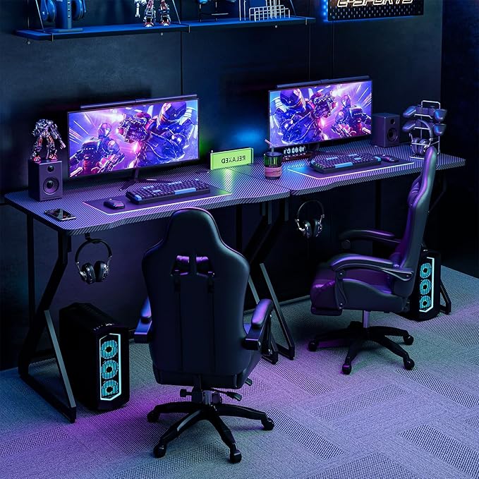 Grandder Gaming Desk Z Shaped 40 Inch Gamer Workstation, Home Computer Carbon Fiber Surface Gaming Desk PC Table with Headphone Hook, Carbon Fiber Black
