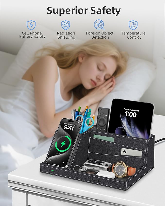 Wireless Charger with Desk Organizer, Fast Charging Station for iPhone 16/15/14/13/12/11 Pro Max, Desk Phone Charger Stand, Desktop Nightstand Organizer Pen Holder for Home Offfice Supplies