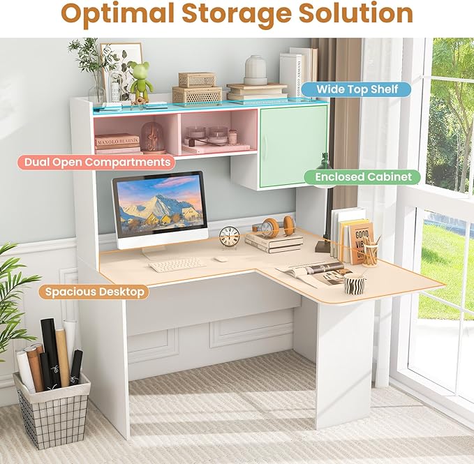 Giantex L Shaped Desk with Hutch, White Corner Desk with Storage Shelf & Cabinet, Laptop PC Table Gaming Computer Table Workstation, Modern Executive Study Writing Desk for Home Office, Bedroom