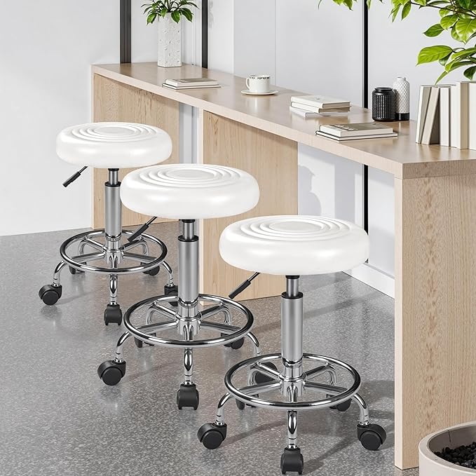 VECELO Home Office Desk Chair with Wheels | PU Leather Rolling Office Chair for Drafting, Salon, Spa(White)