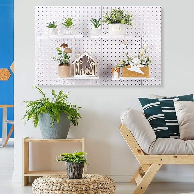 Wonderjune 4 Pcs Wooden Pegboard Shelves with Metal Pegboard Shelf Brackets Peg Board Display Storage Tray Wall Organizer Peg Board Accessories for Craft Room Home Kitchen(White,9.84 x 5 Inch)
