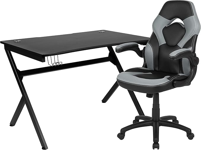 Flash Furniture Optis Black Gaming Desk and Gray/Black Racing Chair Set with Cup Holder, Headphone Hook & 2 Wire Management Holes
