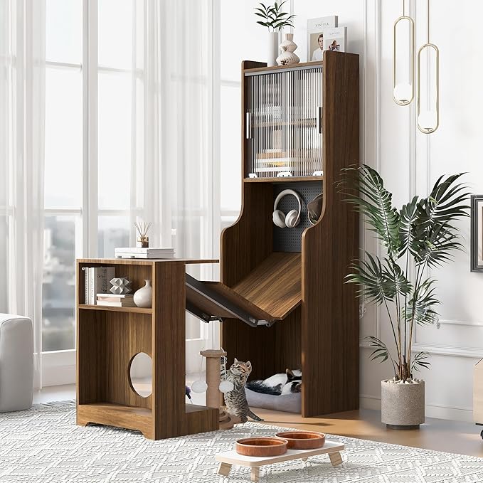 Fold-Out Convertible Office Table, Space-Saving Folding Writing Desk with Hutch & Storage Shelves, Pet-Friendly Foldable Computer Desk with Free Cat Bed for Small Spaces (Walnut)