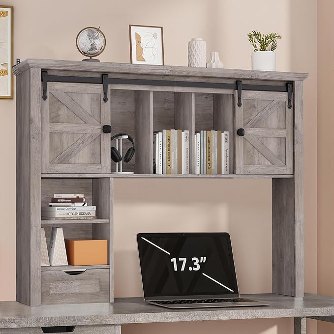 Large Desktop Bookshelf with Sliding Barn Door, 47.2''W Desk Shelf Display Rack, Desktop Organizer Storage Rack with 7 Cubbies and Drawer, Home, Desk Shelf for Office, Dorm, Vanity, Grey