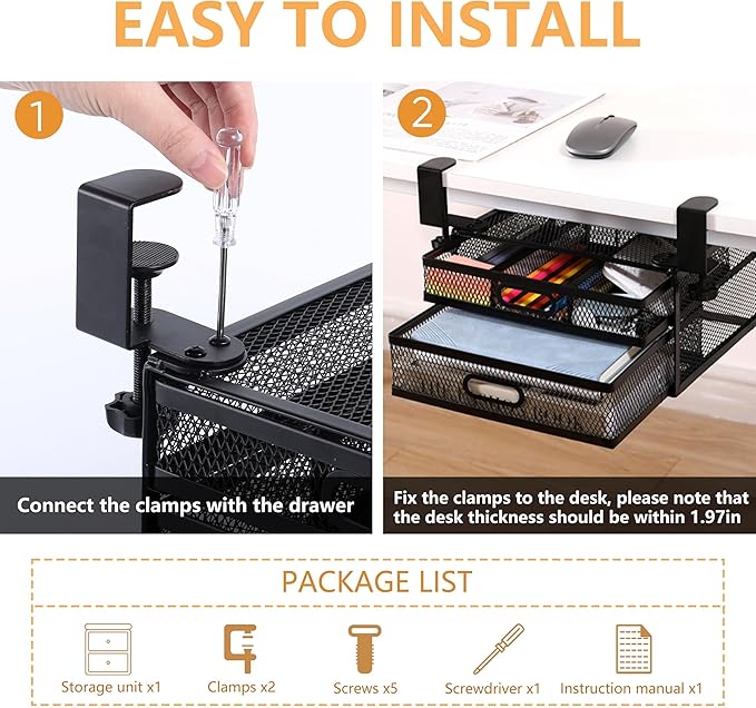 Under Desk Drawer Organizer with 2 Slide Out Drawers – No Drilling Metal Clamp-On Storage, Anti-Slip Desk Drawer Attachment for Home & Office Desktop Organization (Black)