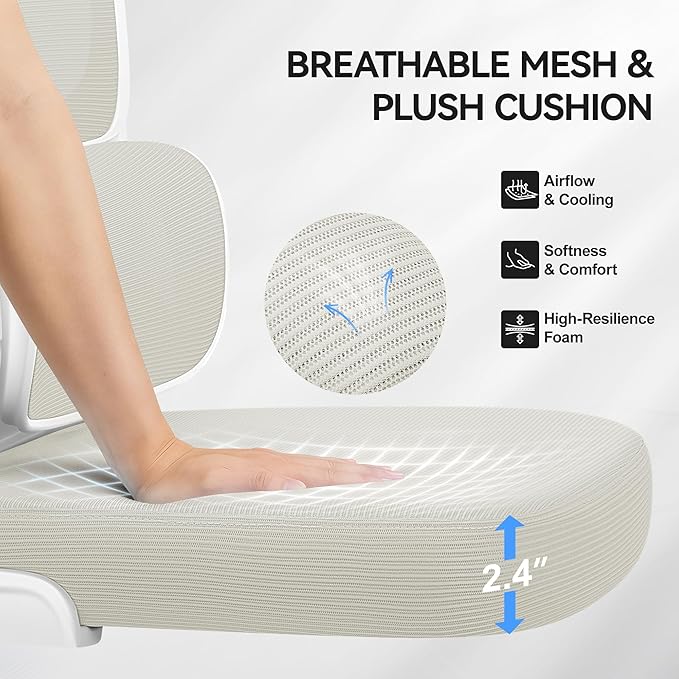 ALLGOD Ergonomic Office Chair, Mesh Desk Chair with Lumbar Support, High Back Home Office Chair with Adjustable Headrest and Flip-Up Arms, Comfortable Computer Chair, Thick Cushion, 300 LBS, White