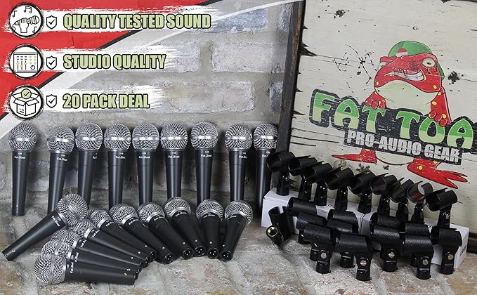 Fat Toad Cardioid Dynamic XLR Microphones (Live ResponsePRO Edition) 20 Pack – Handheld Unidirectional Mics with Clips for Vocal Studio, DJ Stage & Karaoke Use