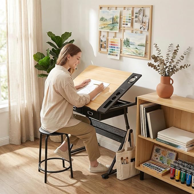 Magshion Professional Drafting Table for Adults w/Stool, Tilting Wooden Tabletop & Adjustable Height, Art Craft Desk Watercolor Painting Sketching Work Station for Studio Home Office School (Natural)