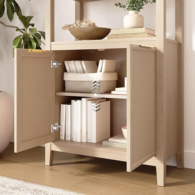 Bush Home 54-inch Office Desk with Storage and 5 Shelf Bookcase with Doors, Home Office Furniture, Camille Collection, Natural Birch