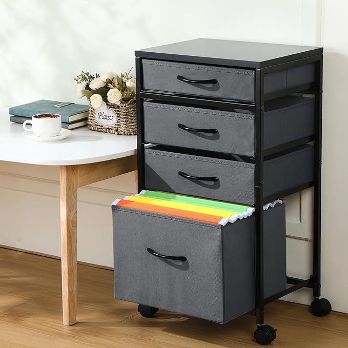 Chunful 4 Drawer Rolling File Cabinet Mobile Printer Stand Metal Cart with Fabric Vertical Filing Chest Wheels A4 Letter Size Under Desk Utility Craft Storage Organizer for Home Office School(Grey)