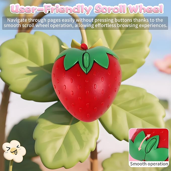 Cute Strawberry Wireless Mouse - 2.4G & Bluetooth Dual-Mode, Ergonomic Design for Laptop/PC - Perfect for Students & Gamers, Comfortable Grip & Plug-and-Play (Red)