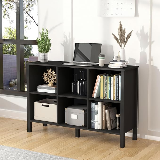 6-Cube Bookcase, Farmhouse Wooden Bookshelf Low Storage Organizer, 45" Horizontal Black Console with Legs, Hallway Book Case for Entryway, Display Cabinet for Living Room (Black, 6-Cube)