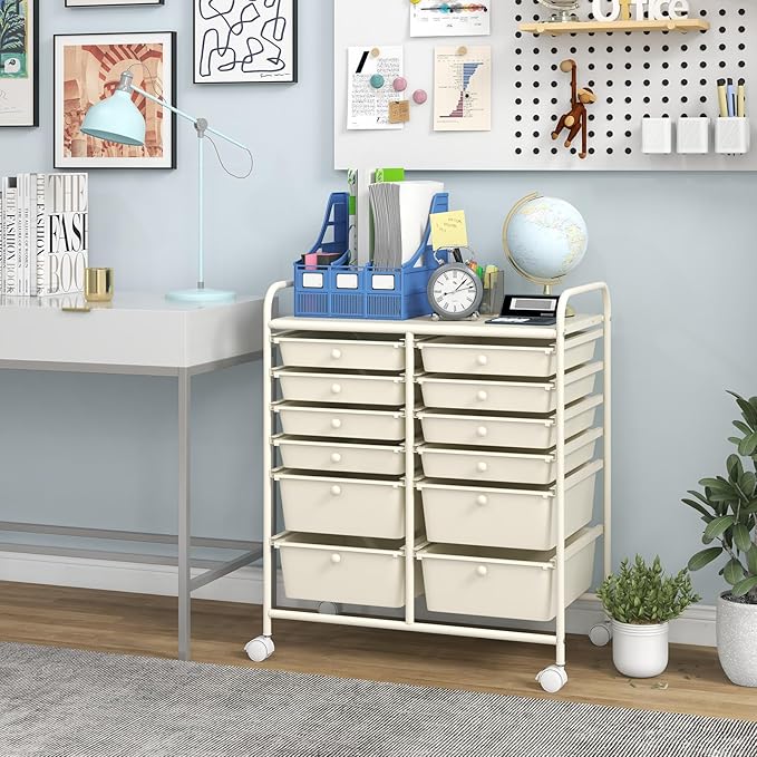 Moccha 12-Drawer Rolling Storage Cart - Utility Cart on Wheels with Lockable Casters for Craft Art Supply Paper Salon, Mobile Drawer Carts for Classroom Teacher School Office (White)