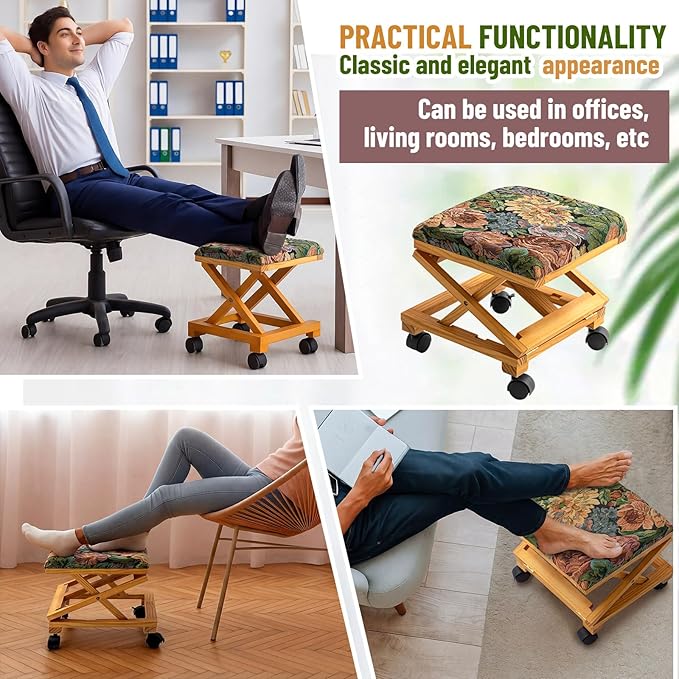 CroBlissful 2 Pack Rolling Adjustable Foot Rest Vintage Floral Foldable Under Desk Ottoman with Wheels Tapestry Foldaway Guitar Foot Stool for Home Office Living Room Bedroom