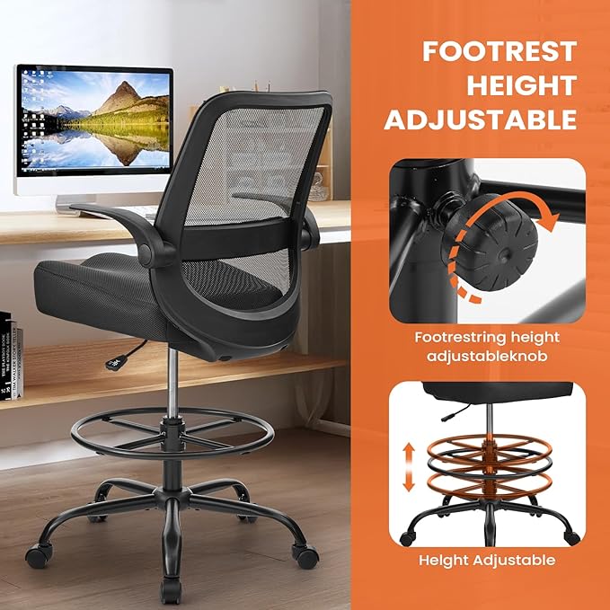 Drafting Chair for Standing Desks, 500LBS Capacity Tall Office Chair with Adjustable Height, Foot Ring, Flip-Up Armrests, Thick Curved Seat for Home Office, Drawing, and Creative Work