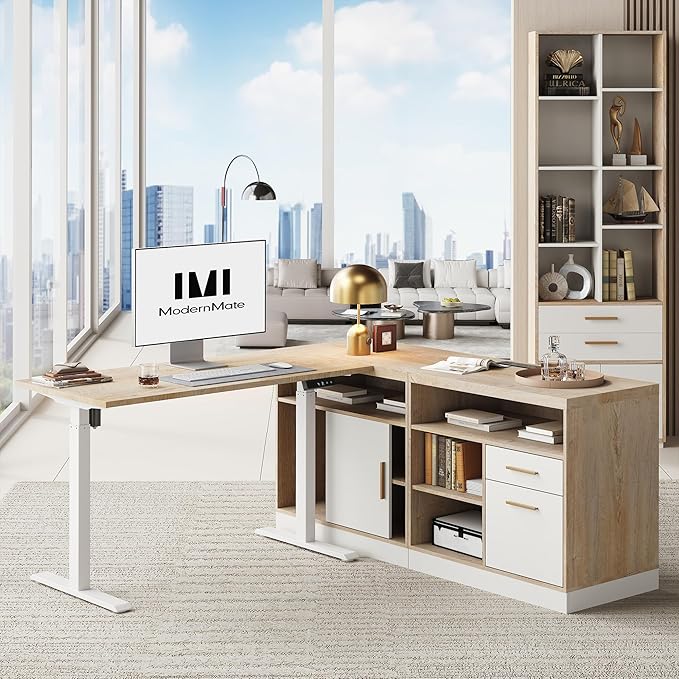 ModernMate Furniture Set, 67" Standing Desk with 73" Bookcase, L Shaped Electric Stand Up Desk with Bookshelf, Home Office Furniture Set, Light Walnut