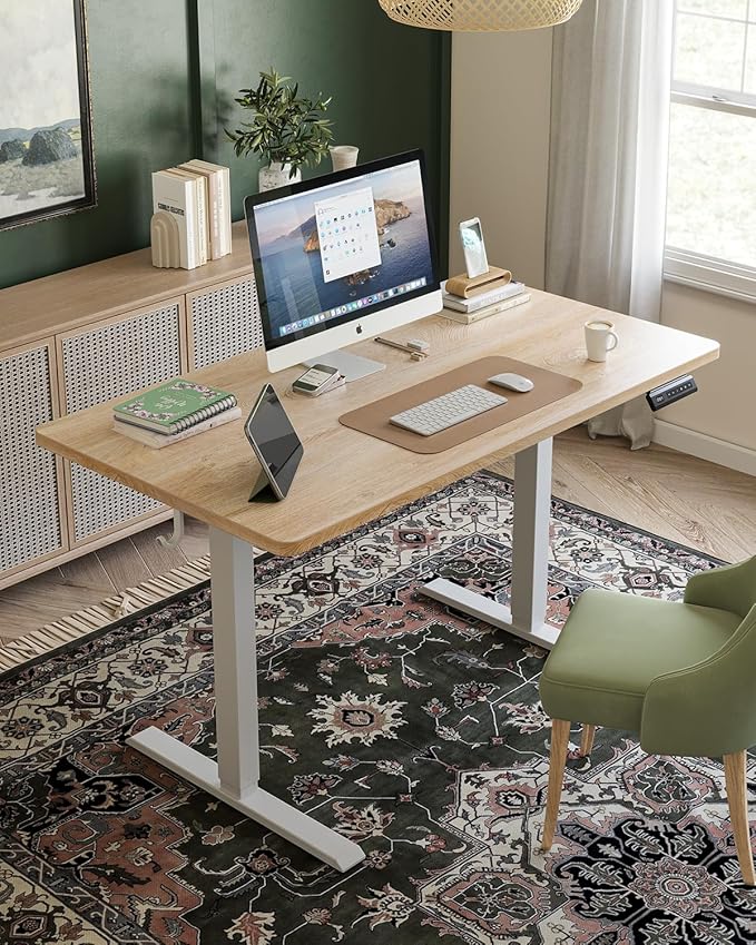 CubiCubi 32 x 20 Inches Small One-Piece Standing Desk, Adjustable Height Electric Computer Sit Stand up Home Office Workstation, with 4 Memory Presets, Headphone Hook, Pure Maple